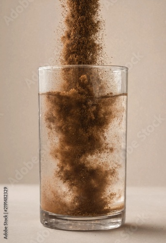 A high-speed photography shot of instant coffee powder being poured into a glass of water, creating a beautiful dispersion cloud
