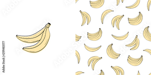 Clip art baban in the peel and seamless pattern banana different shapes. Set of Vector illustration of healthy food, cartoon background with bananas.
