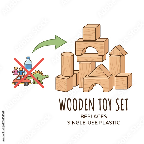 Wooden toy blocks arranged into various shapes and structures.