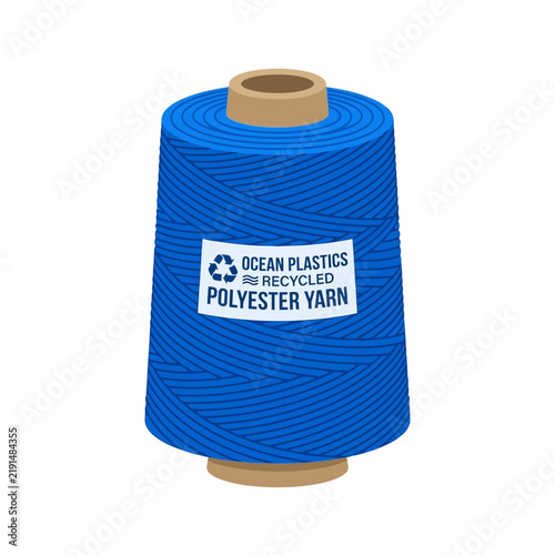A spool of blue recycled polyester yarn with a label.