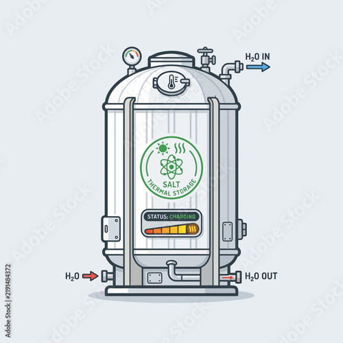 Illustration of a salt thermal storage tank with gauges and pipes.
