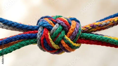Colorful ropes tied into a complex knot representing connection