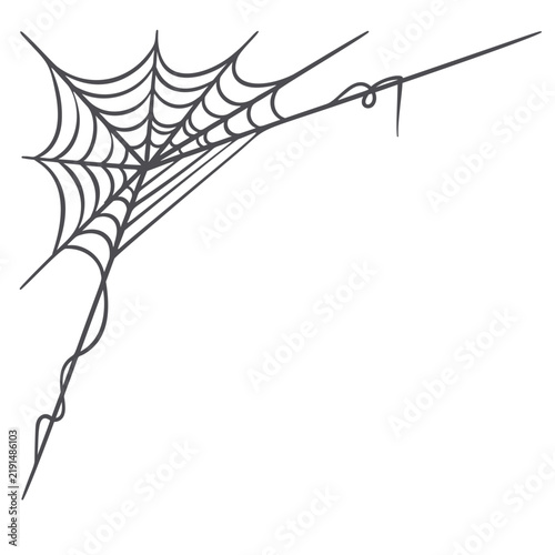 Spider Web corner with loose hand drawn lines and hanging threads. Halloween decor, cards and posters use this spider web in doodle style, vector illustration.