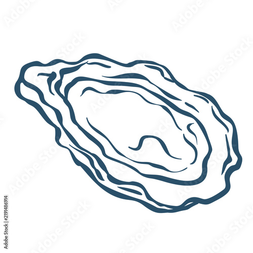 Oyster shell hand drawn with layered ridges, open shape and flowing organic contour. Seafood menu, packaging and branding with oyster shell in doodle ink style, vector illustration.