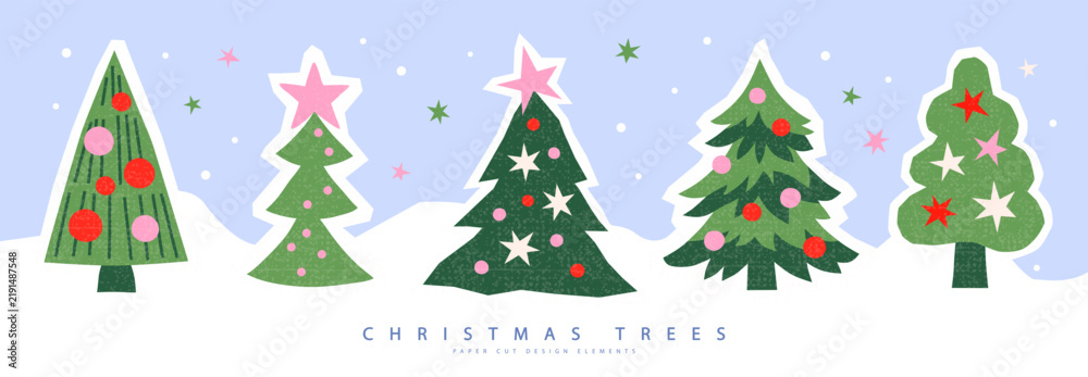 Obraz premium Set of Christmas trees in paper-cut style with grainy texture on a snowy background. Cute holiday sticker elements for winter scrapbooking and greeting cards, vector illustration.