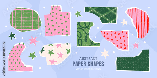 Set of abstract torn paper shapes with various patterns and grainy texture. Cute collage elements for winter scrapbooking, holiday decor and festive backgrounds, vector illustration.
