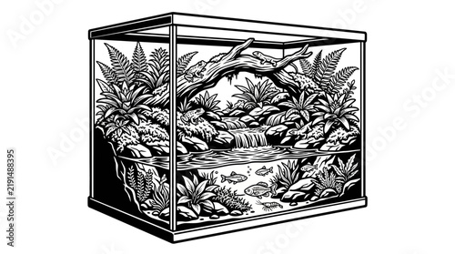 Картината върху платно Detailed paludarium illustration with terrarium plants and water.