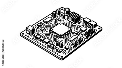 Isometric computer motherboard circuit board hardware stencil.