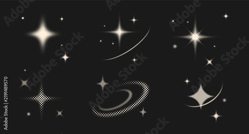 Retro halftone star element set with glowing celestial sparkles and cosmic orbit curves