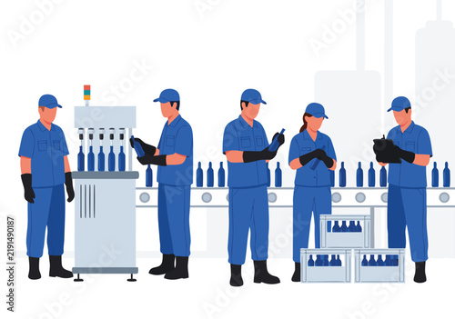 Production line illustration: factory workers in blue uniforms fill, inspect, and package bottles in a modern industrial plant.