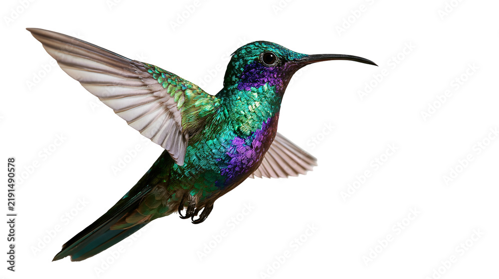 Fototapeta premium Iridescent green and purple hummingbird in flight with wings spread