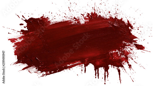 Thick dark red paint brush stroke with splatter and dripping texture