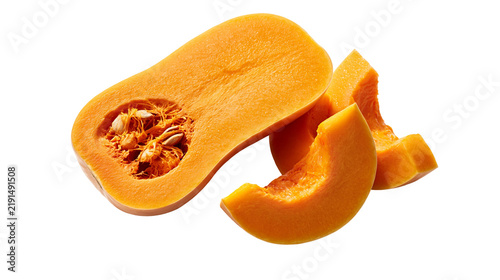 Fresh sliced butternut squash with seeds and orange flesh