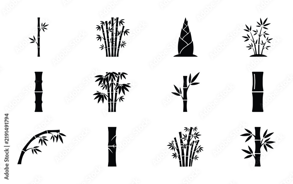Fototapeta premium Bamboo Vector Icons Set, Black Silhouette Plant Elements, Tropical Forest Stalks, Asian Nature Graphics, Decorative Growth Illustrations