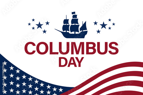Quadro su tela Columbus day celebration graphic with a historic sailing ship and american flag