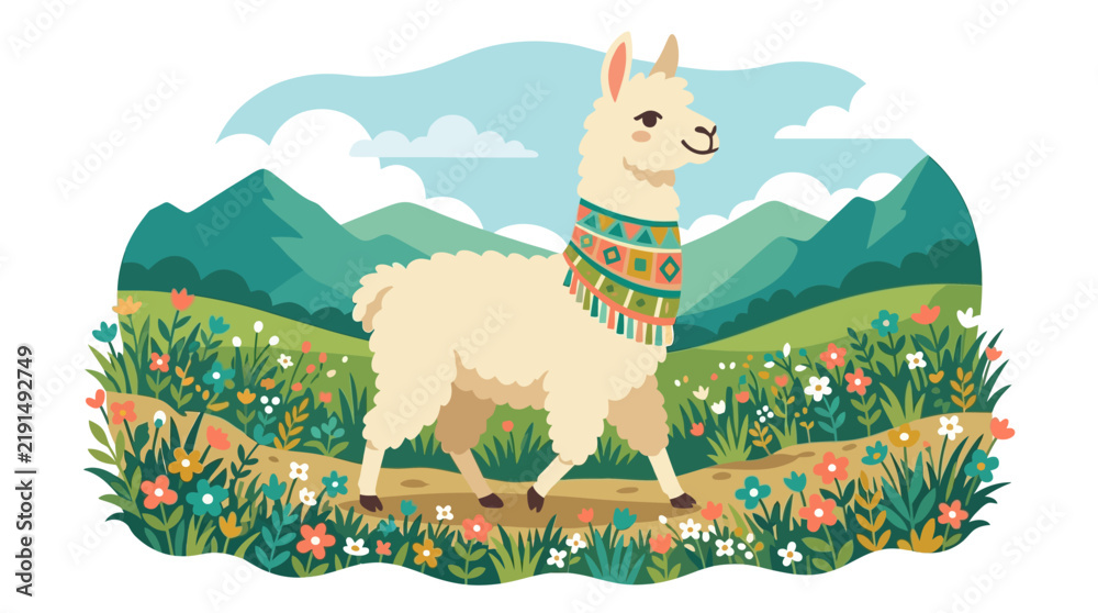 Fototapeta premium Cute Llama Walking on a Path Through a Colorful Meadow