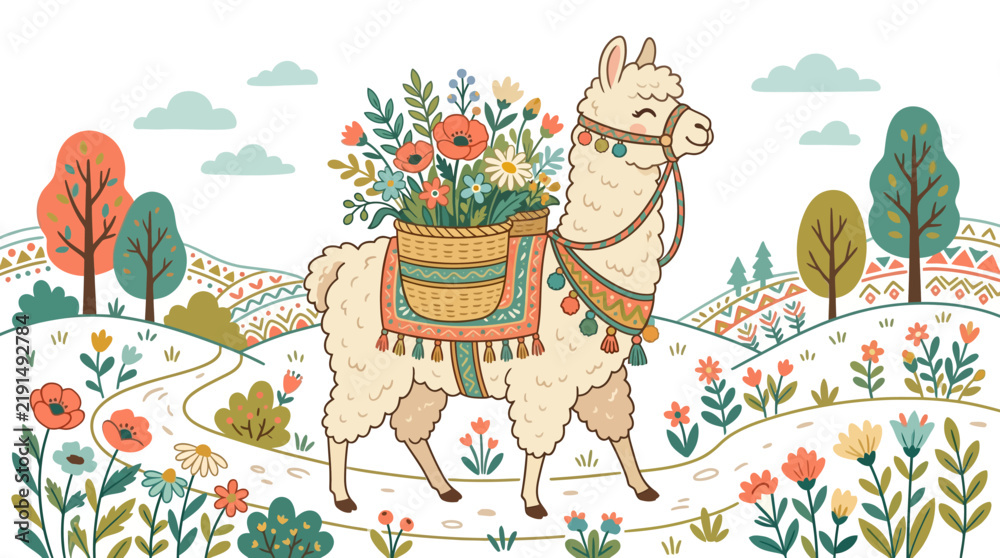 Obraz premium Cute Llama with Flower Basket on Back, Walking in a Whimsical Landscape