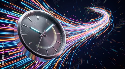 Modern watch flying through space with colorful glowing light trails symbolizing the fast passage of time