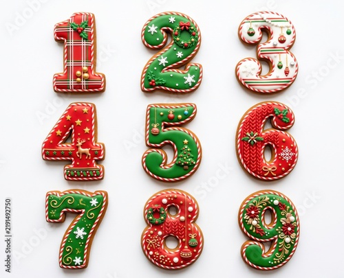 Christmas gingerbread cookies shaped as numbers with festive royal icing decoration