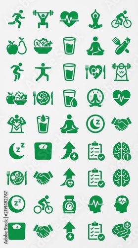 Collection of green health and fitness icons for diet exercise and lifestyle