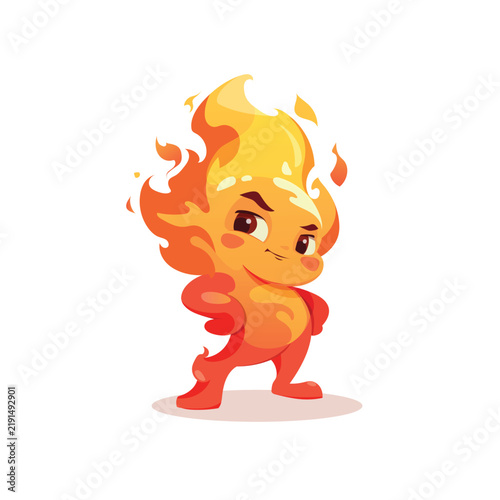 Anthropomorphic flame cartoon character with arms, legs and a playful facial expression. Colorful vector mascot illustration