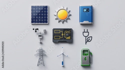 Collection of 3d renewable energy icons including solar panel wind turbine and battery