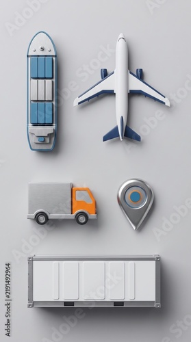 Collection of 3d global logistics and freight transport icons with cargo ship airplane and truck