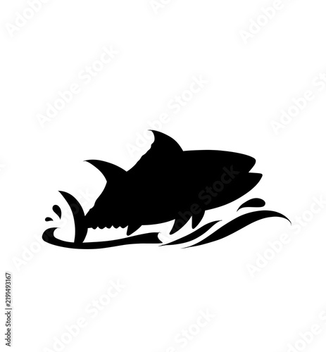 Black shark silhouette jumping out of water with waves and splashes isolated on transparent background, dynamic marine life vector illustration for ocean or fishing design