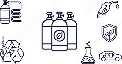 Green Energy and Hydrogen Fuel Icon Set with Bio Gas Cylinders Electric Car Recycling Loop and Eco Fuel Pump Symbols Isolated on White Background