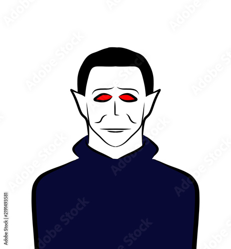 Vampire man portrait with dark hair, pointed ears, and glowing red eyes in a black collar shirt isolated on transparent background, spooky vector illustration for Halloween concept or horror design