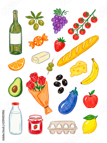 Crayon Sketch Illustration of Grocery Shopping Items Isolated on Transparent Background