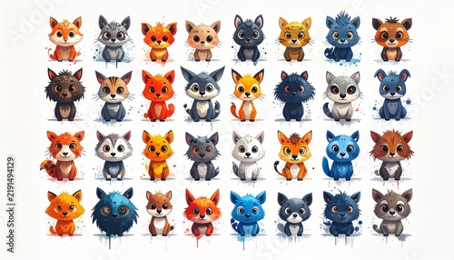 Set of Cute Colorful Cartoon Wild Animal Faces and Avatars with Watercolor Splash Effects