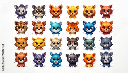 Set of Cute Colorful Cartoon Wild Animal Faces and Avatars with Watercolor Splash Effects
