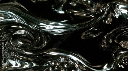 Bright mirror-like mercury silver moves through dark liquid, creating a dramatic effect and high contrast with surroundings.