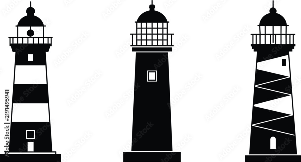 Obraz premium Lighthouse icon set, coastal navigation tower symbols for maritime safety ocean travel tourism and nautical design projects