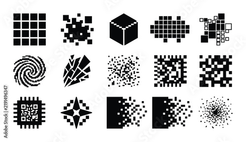 Abstract Pixelated Geometric Shapes, Digital Data Fragments, Glitch Art Icons, Tech Concepts, Vector Elements
