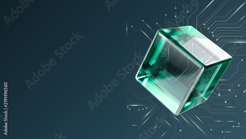 Obraz na plátně Futuristic quantum computing cube with glowing circuits and digital technology