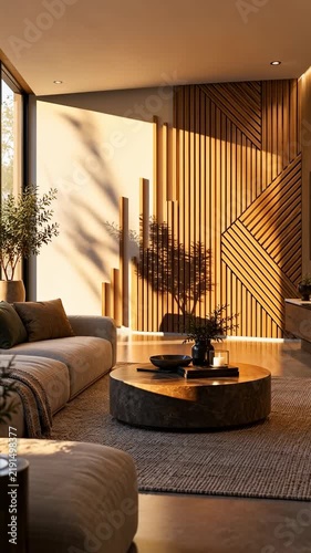Modern living room remains still as warm sunlight moves across geometric wooden wall panels, neutral sofa, round stone coffee table, textured rug, plants, and tall windows