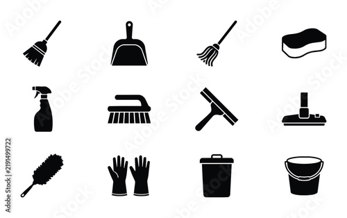 Cleaning Supplies Vector Icons Set: Broom, Dustpan, Sponge, Spray Bottle, Brush, Squeegee, Vacuum, Duster, Gloves, Bin, Bucket - Household Chores & Hygiene Graphics