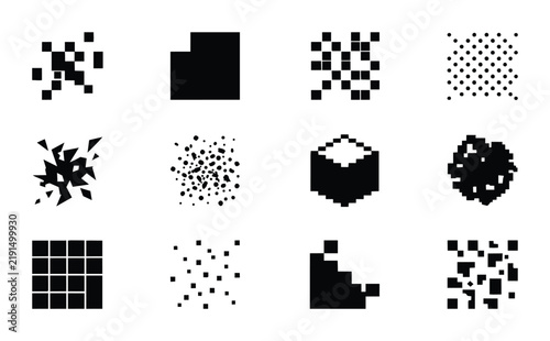 Abstract Pixelated Geometric Shapes, Digital Glitch Effects, Retro Pixel Art Elements, Minimalist Black and White Graphic Design Assets
