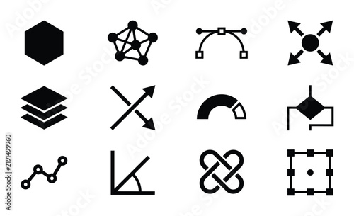 Geometric Shapes and Data Visualization Icons: Hexagon, Network, Curve, Arrows, Layers, Crosshairs, Gauge, Flowchart, Graph, Angle, Knot, Grid