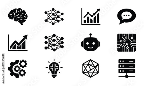 AI and Machine Learning Icons Set: Neural Networks, Brain, Robot, Data Charts, Circuit Board, Idea Bulb, Server Rack, Gears, Speech Bubble