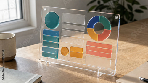 Clear acrylic board with colorful business charts and data visualization standing on a wooden desk