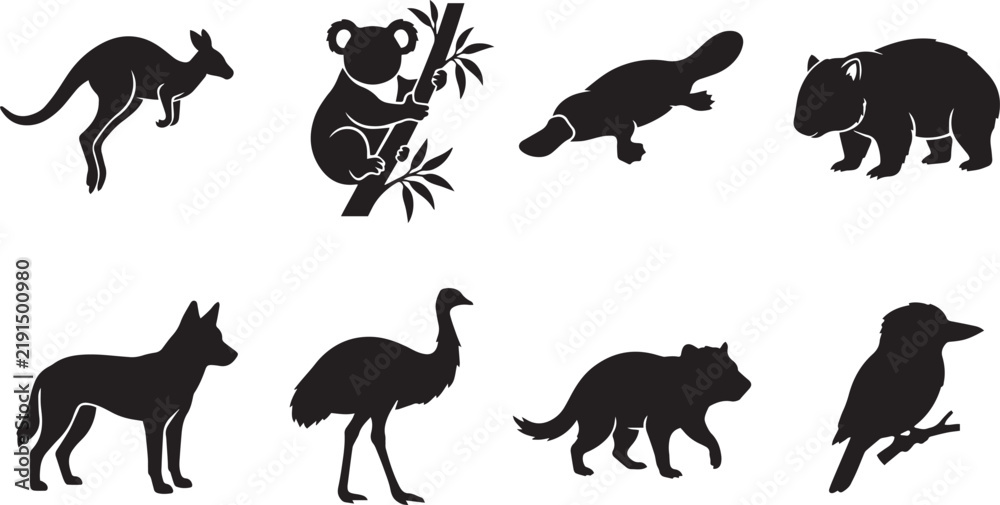 Obraz premium Set of australian wildlife silhouettes including kangaroo, koala, platypus, wombat, dingo, emu, tasmanian devil, and kookaburra, black