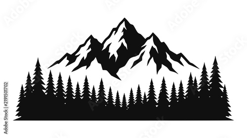 Black Silhouette Mountain Peaks and Pine Forest Landscape Illustration