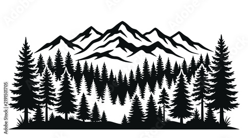 Black Silhouette Mountain Range and Forest Landscape Illustration
