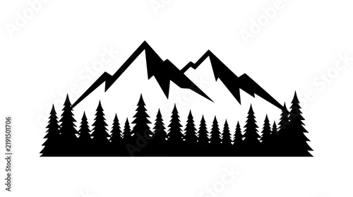 Black silhouette mountain peaks with pine forest tree line against white background minimalist nature graphic