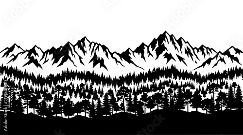 Black Silhouette Mountain Range With Dense Pine Forest Against White Background