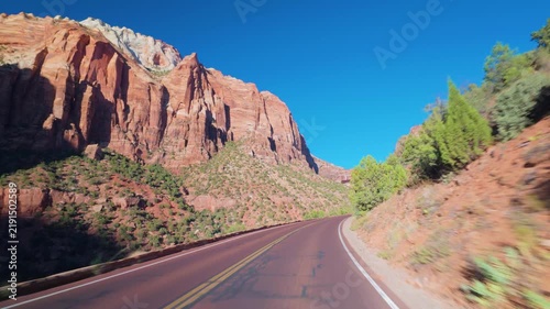 Zion National Park POV Drive Between Towering Canyon Walls Utah