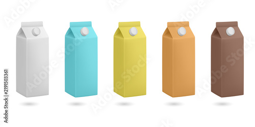 Five colorful milk cartons in a row isolated on a transparent background